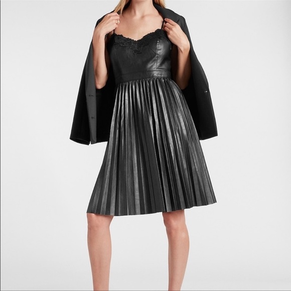 Express Dresses & Skirts - EXPRESS Faux Leather Pleated Lace Neck A-Line Dress size Large- like new condi